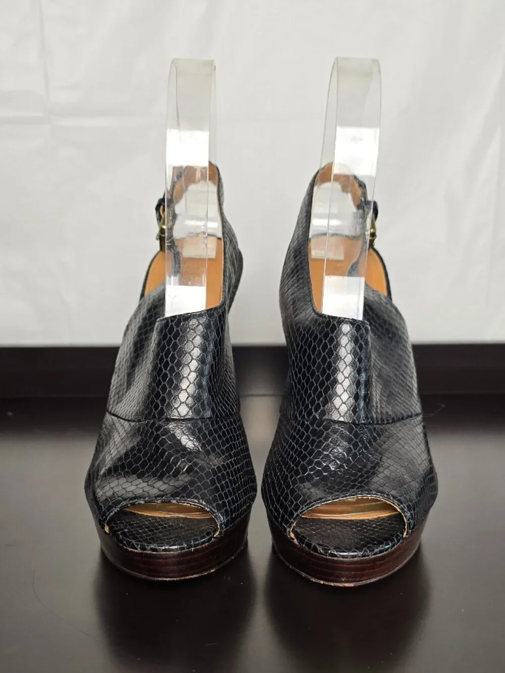 Coach Brina Black Snake-Embossed Peep-Toe Platform Slingbacks Sz. 8.5